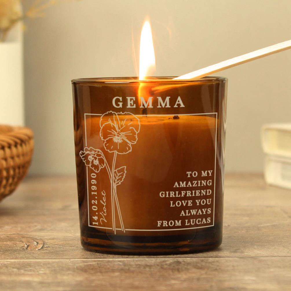 Personalised February Violet Birth Flower Amber Glass Jar Candle Extra Image 2